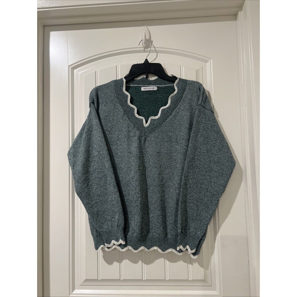 Misslook Marbled Green Scalloped Neck Line & Hem Sweater Sz M NWOT